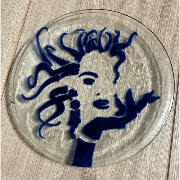 Other - Clear 6 7/8” Round Art Glass Plate w/Blue Lady Design.  No chips/cracks.